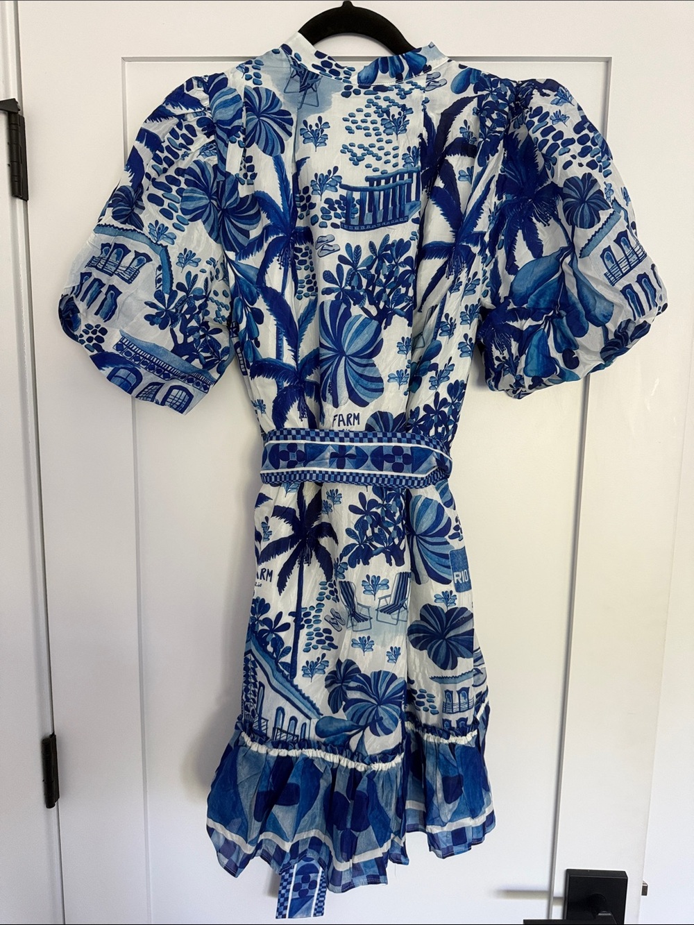 NWT FARM Rio Blue & White Tropical Puff-Sleeve Mini Dress - Picture 4 of 7